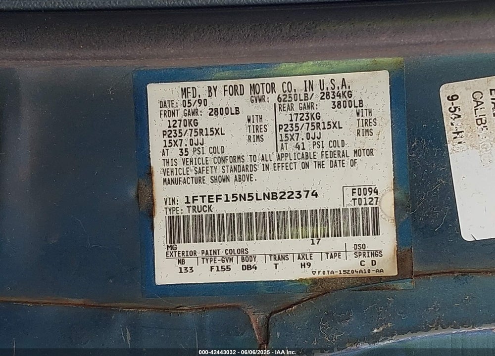 1990 FORD F150 VIN: 1FTEF15N5LNB22374