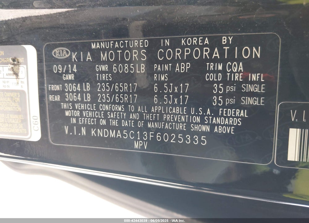 2015 KIA SEDONA VIN: KNDMA5C13F6025335