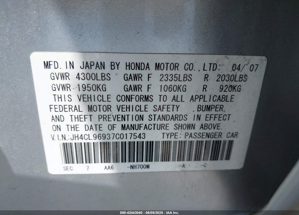 2007 ACURA TSX VIN: JH4CL96937C017543