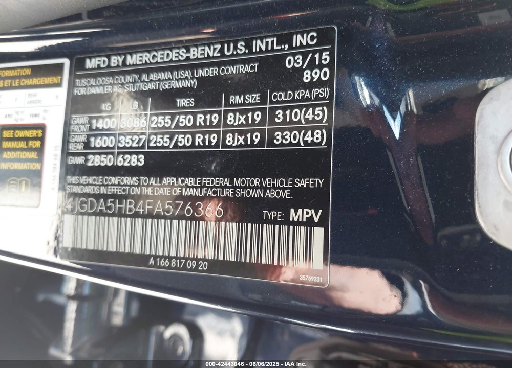 2015 MERCEDES-BENZ M-CLASS VIN: 4JGDA5HB4FA576366