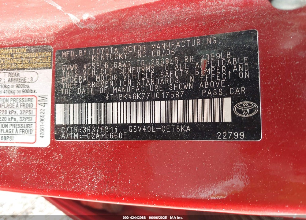 2007 TOYOTA CAMRY VIN: 4T1BK46K77U017587