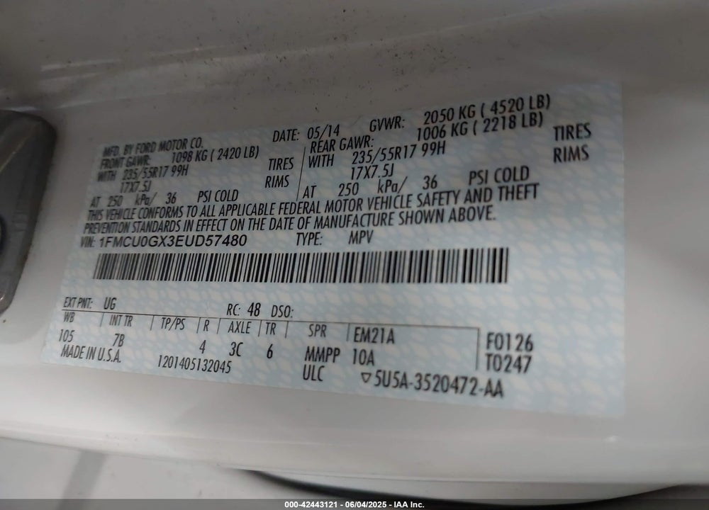2014 FORD ESCAPE VIN: 1FMCU0GX3EUD57480