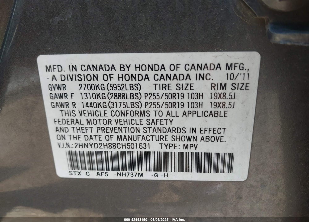 2012 ACURA MDX ADVANCE PACKAGE VIN: 2HNYD2H88CH501631