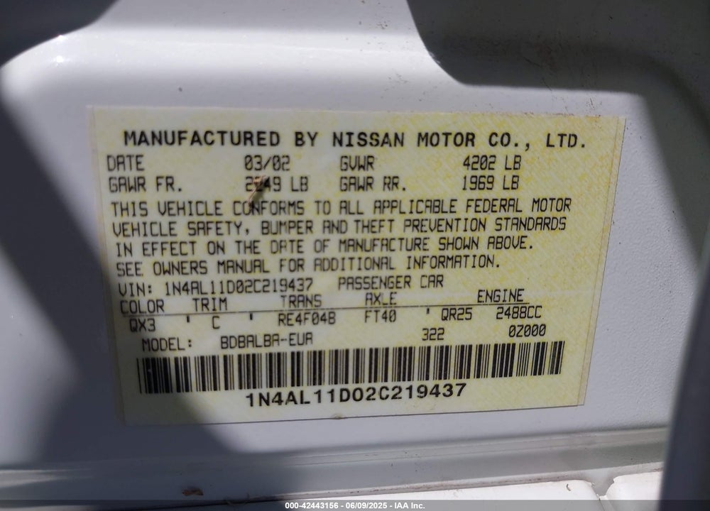 2002 NISSAN ALTIMA 2.5 S VIN: 1N4AL11D02C219437