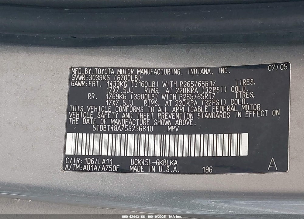 2005 TOYOTA SEQUOIA LIMITED V8 VIN: 5TDBT48A75S256810