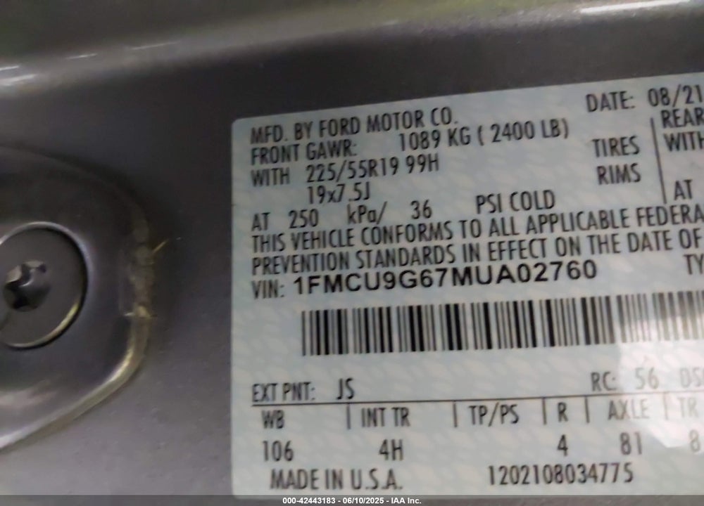 2021 FORD ESCAPE VIN: 1FMCU9G67MUA02760