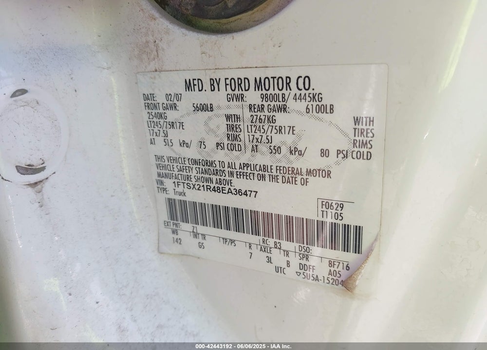 2008 FORD F-250 VIN: 1FTSX21R48EA36477