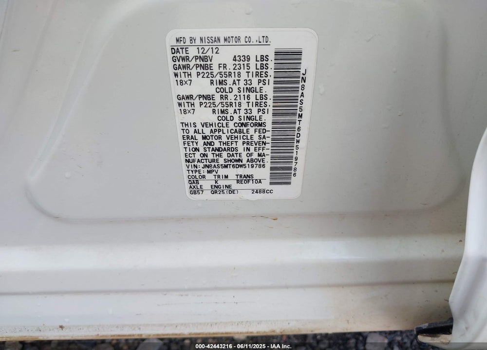 2013 NISSAN ROGUE SV W/SL PKG VIN: JN8AS5MT6DW519786