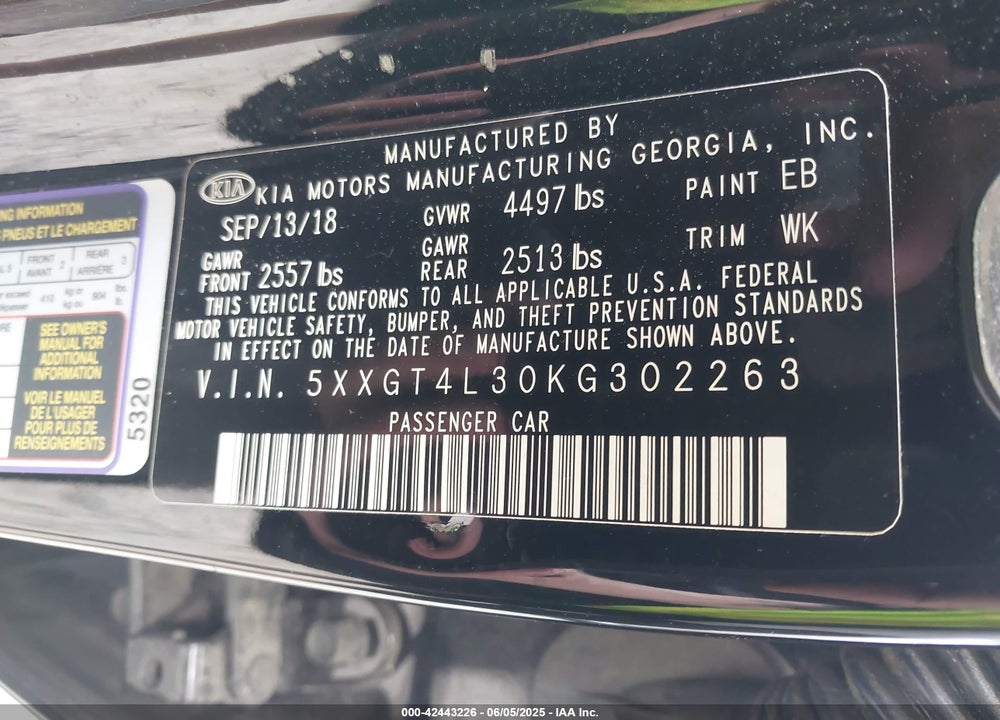 2019 KIA OPTIMA VIN: 5XXGT4L30KG302263