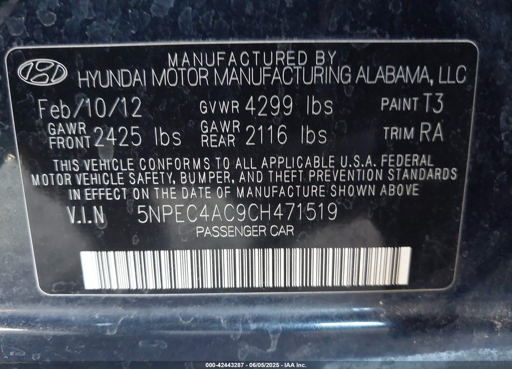 2012 HYUNDAI SONATA VIN: 5NPEC4AC9CH471519