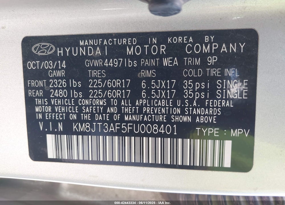 2015 HYUNDAI TUCSON GLS VIN: KM8JT3AF5FU008401
