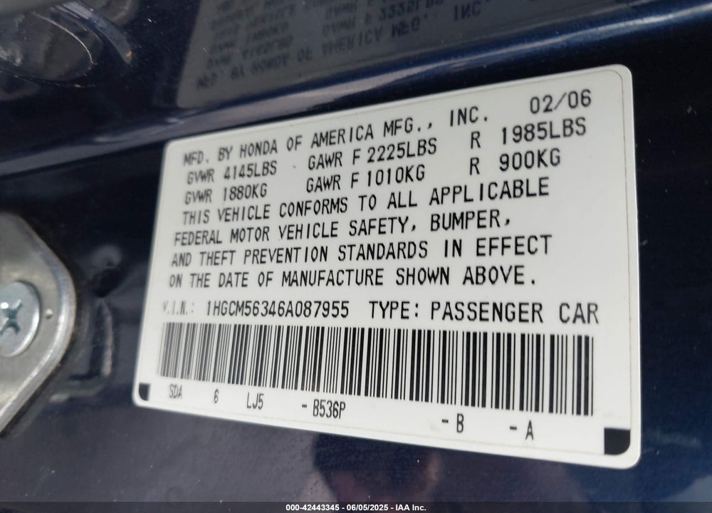 2006 HONDA ACCORD 2.4 SE VIN: 1HGCM56346A087955