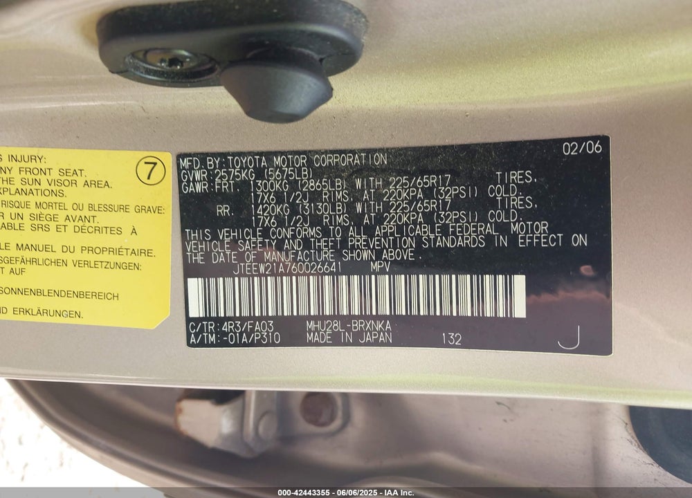 2006 TOYOTA HIGHLANDER HYBRID V6 VIN: JTEEW21A760026641