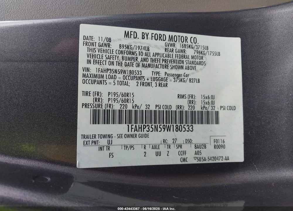 2009 FORD FOCUS SE VIN: 1FAHP35N59W180533