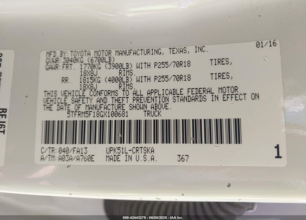 2016 TOYOTA TUNDRA VIN: 5TFRM5F18GX100681