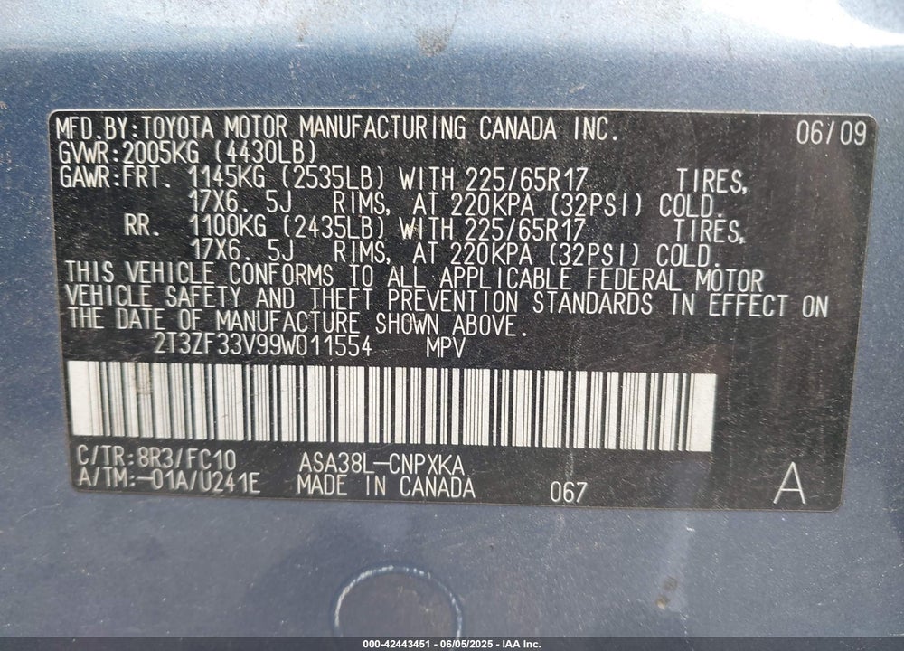 2009 TOYOTA RAV4 VIN: 2T3ZF33V99W011554