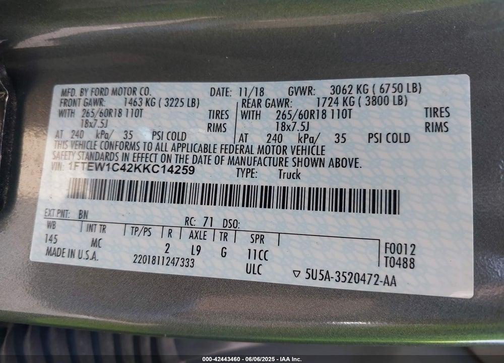 2019 FORD F-150 XLT VIN: 1FTEW1C42KKC14259