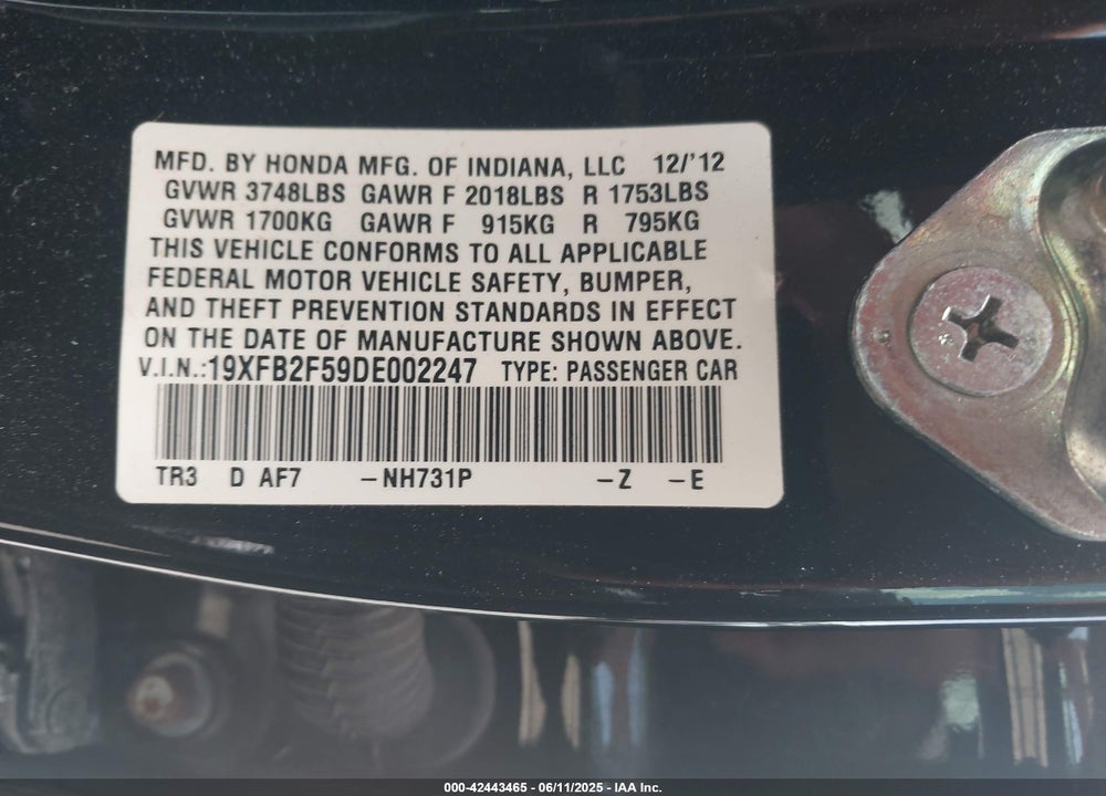2013 HONDA CIVIC VIN: 19XFB2F59DE002247