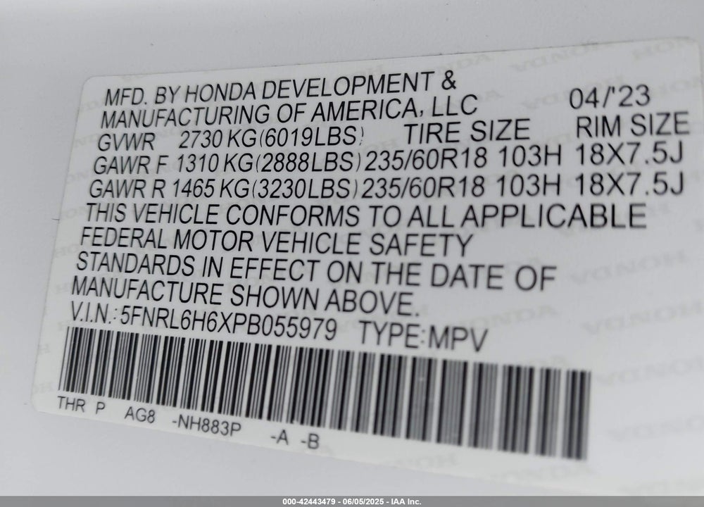 2023 HONDA ODYSSEY EX-L VIN: 5FNRL6H6XPB055979