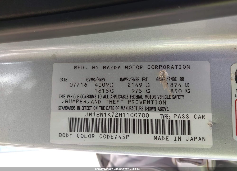 2017 MAZDA 3 VIN: JM1BN1K72H1100780