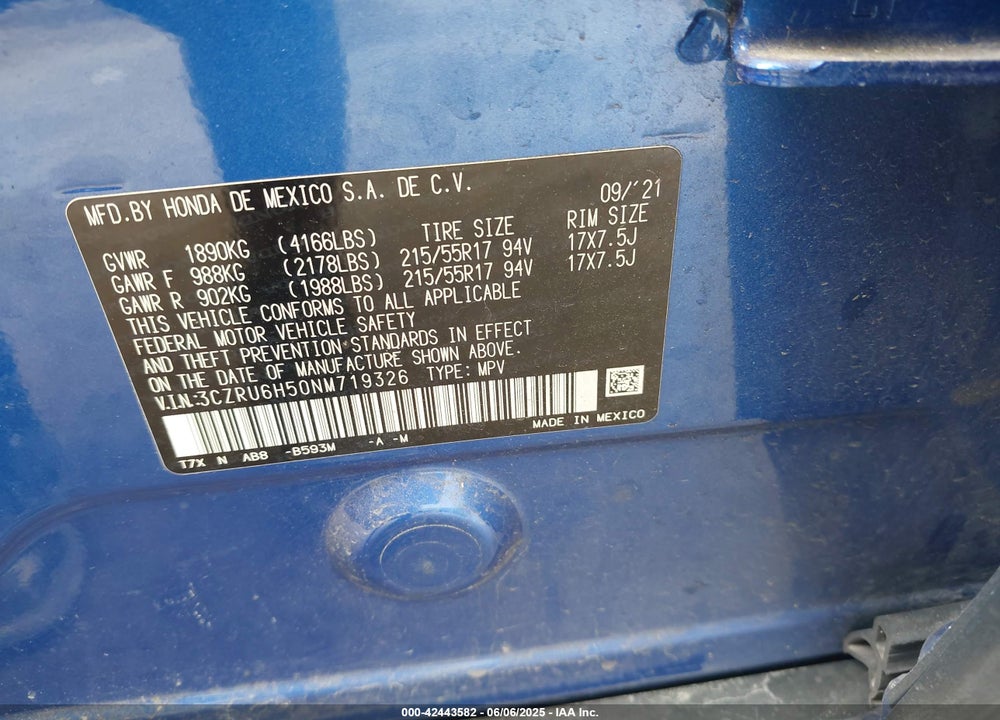 2022 HONDA HR-V VIN: 3CZRU6H50NM719326