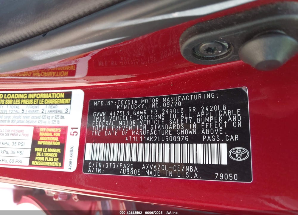 2020 TOYOTA CAMRY LE VIN: 4T1L11AK2LU500976