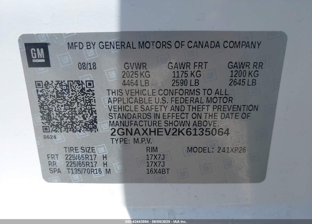 2019 CHEVROLET EQUINOX VIN: 2GNAXHEV2K6135064