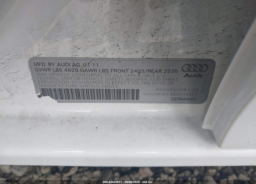 2011 AUDI A4 2.0T PREMIUM VIN: WAUHFAFL9BN039357