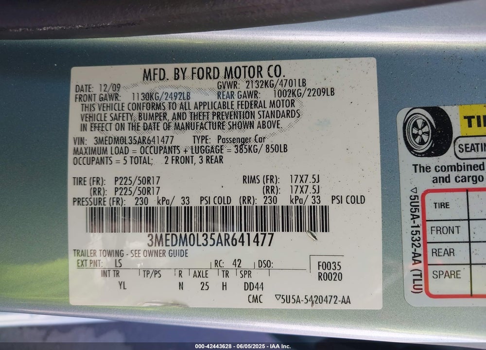 2010 MERCURY MILAN VIN: 3MEDM0L35AR641477