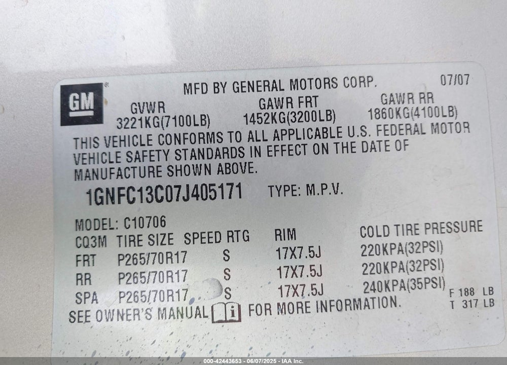 2007 CHEVROLET TAHOE LS VIN: 1GNFC13C07J405171