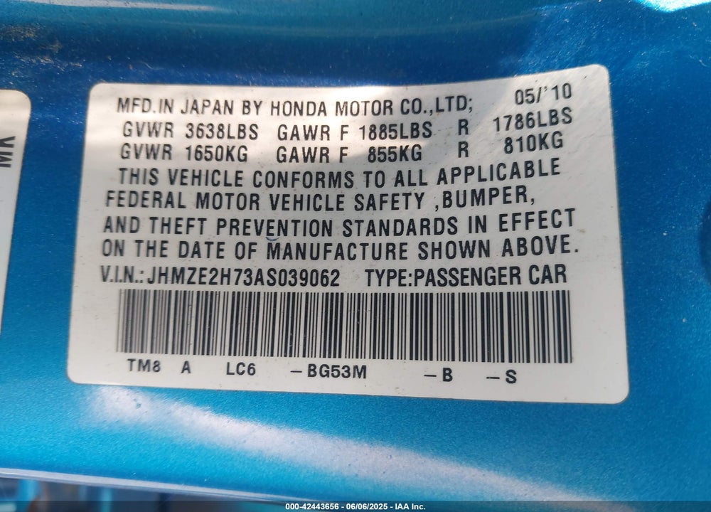 2010 HONDA INSIGHT EX VIN: JHMZE2H73AS039062