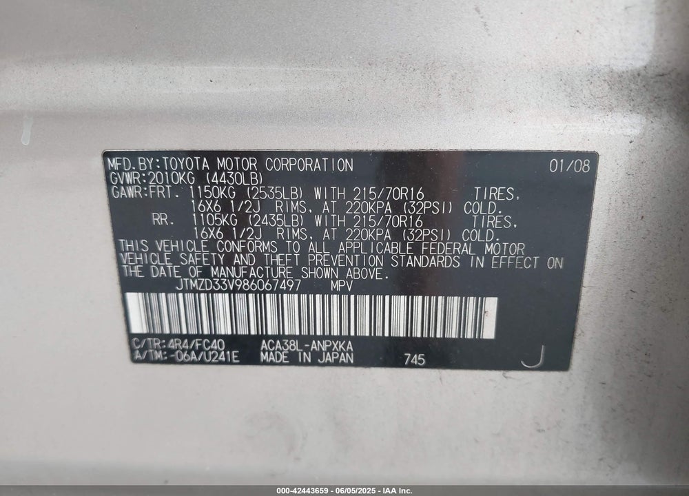 2008 TOYOTA RAV4 VIN: JTMZD33V986067497