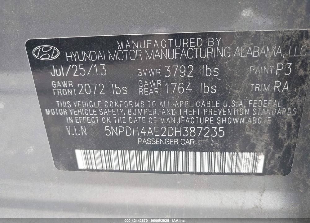 2013 HYUNDAI ELANTRA LIMITED VIN: 5NPDH4AE2DH387235