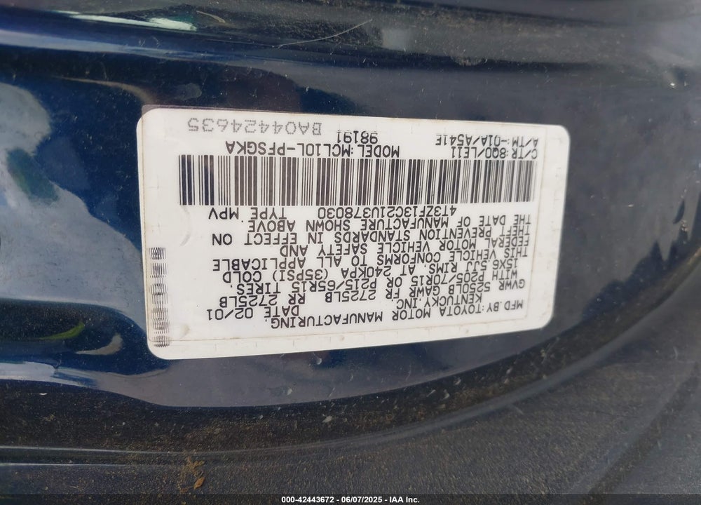 2001 TOYOTA SIENNA XLE VIN: 4T3ZF13C21U378030