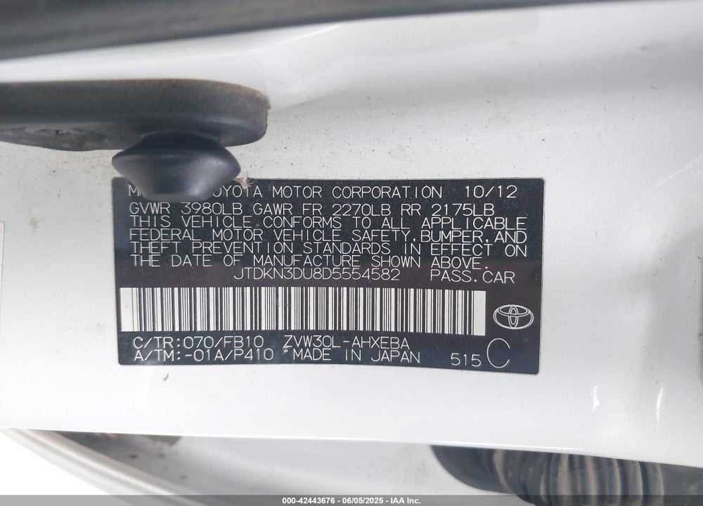 2013 TOYOTA PRIUS VIN: JTDKN3DU8D5554582