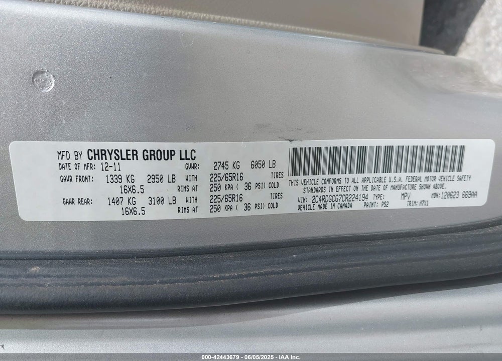 2012 DODGE GRAND CARAVAN SXT VIN: 2C4RDGCG7CR224194