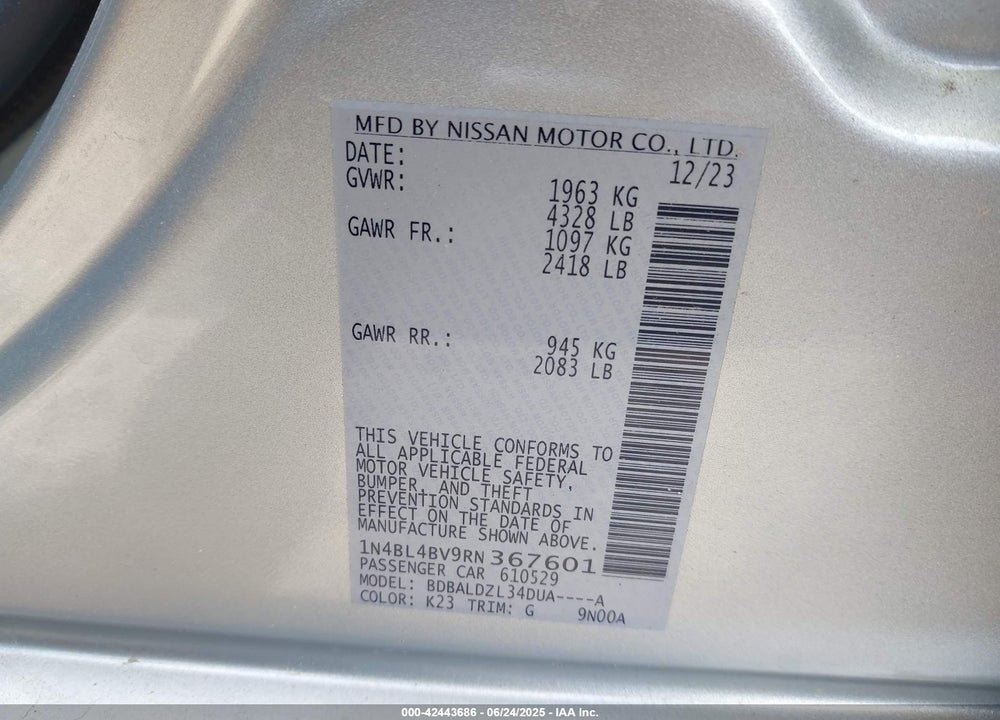 2024 NISSAN ALTIMA VIN: 1N4BL4BV9RN367601