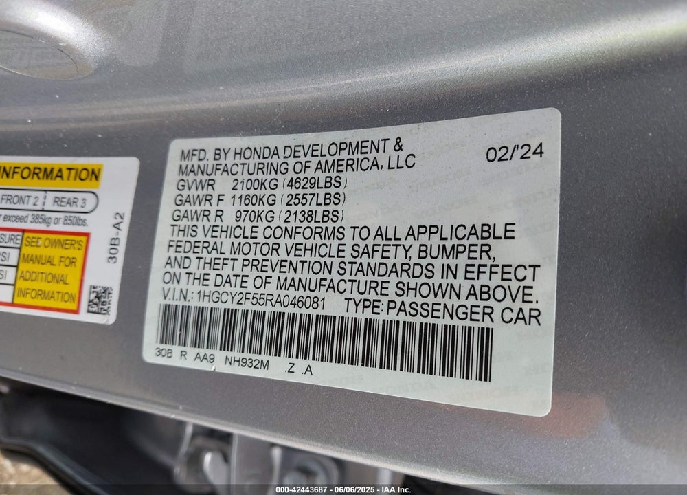 2024 HONDA ACCORD HYBRID SPORT VIN: 1HGCY2F55RA046081