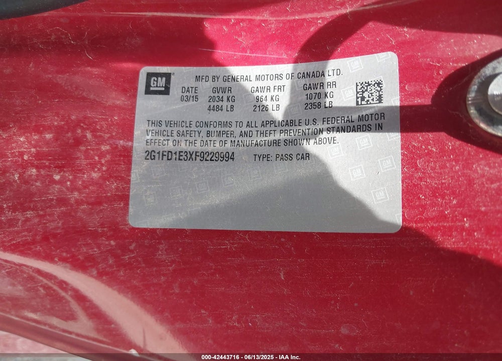 2015 CHEVROLET CAMARO VIN: 2G1FD1E3XF9229994