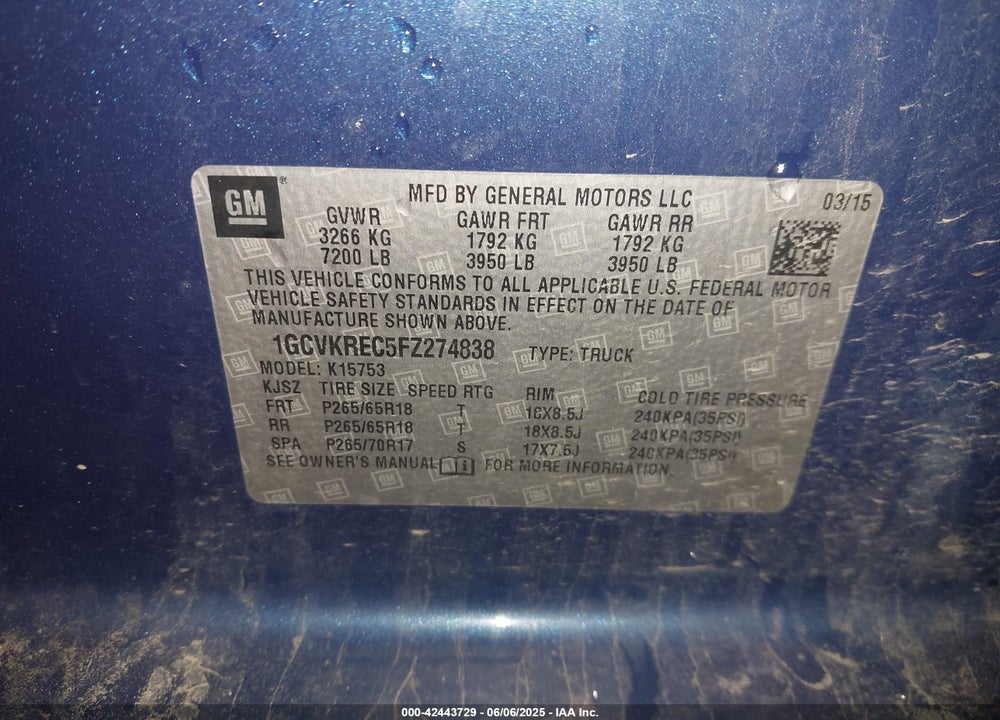2015 CHEVROLET SILVERADO 1500 VIN: 1GCVKREC5FZ274838