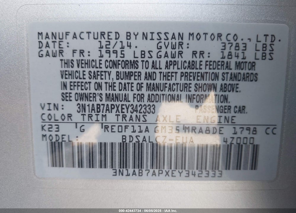 2014 NISSAN SENTRA VIN: 3N1AB7APXEY342333