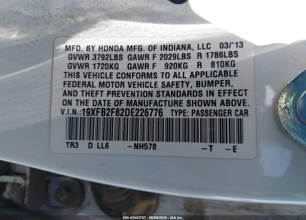 2013 HONDA CIVIC EX VIN: 19XFB2F82DE226776