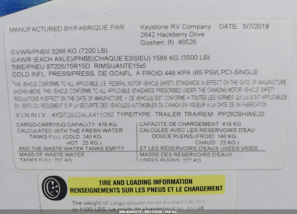 2020 KEYSTONE PASSPORT VIN: 4YDT29224LX411050