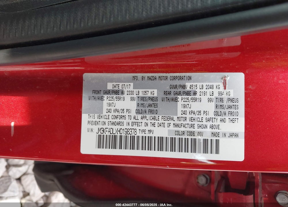 2017 MAZDA CX-5 VIN: JM3KFADLXH0198378