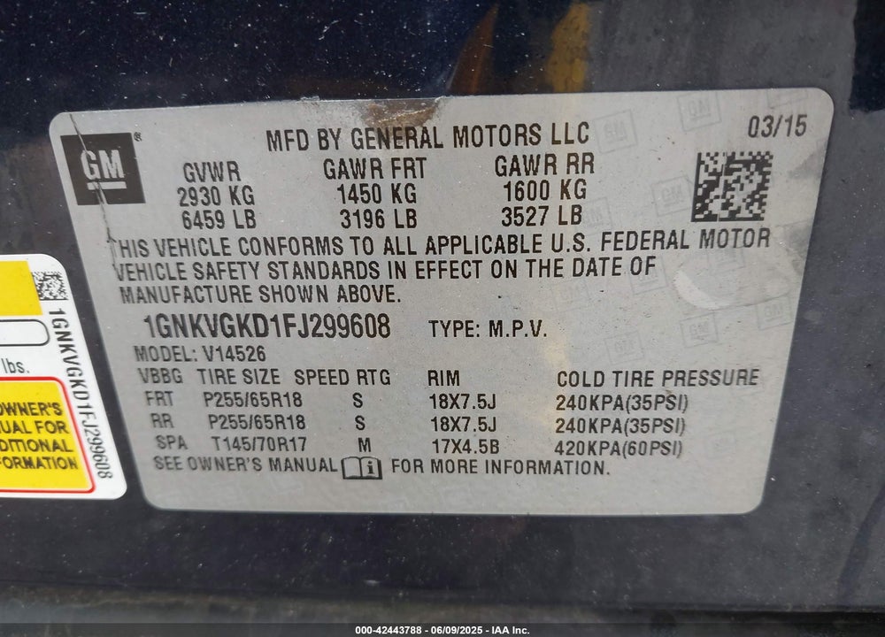 2015 CHEVROLET TRAVERSE VIN: 1GNKVGKD1FJ299608