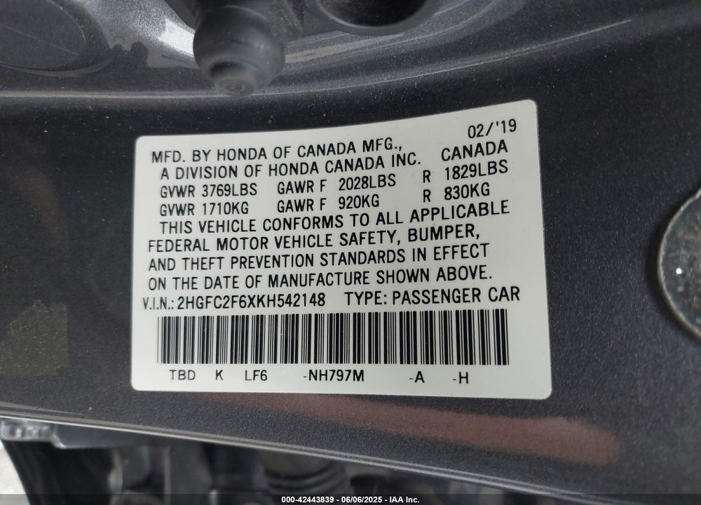 2019 HONDA CIVIC VIN: 2HGFC2F6XKH542148