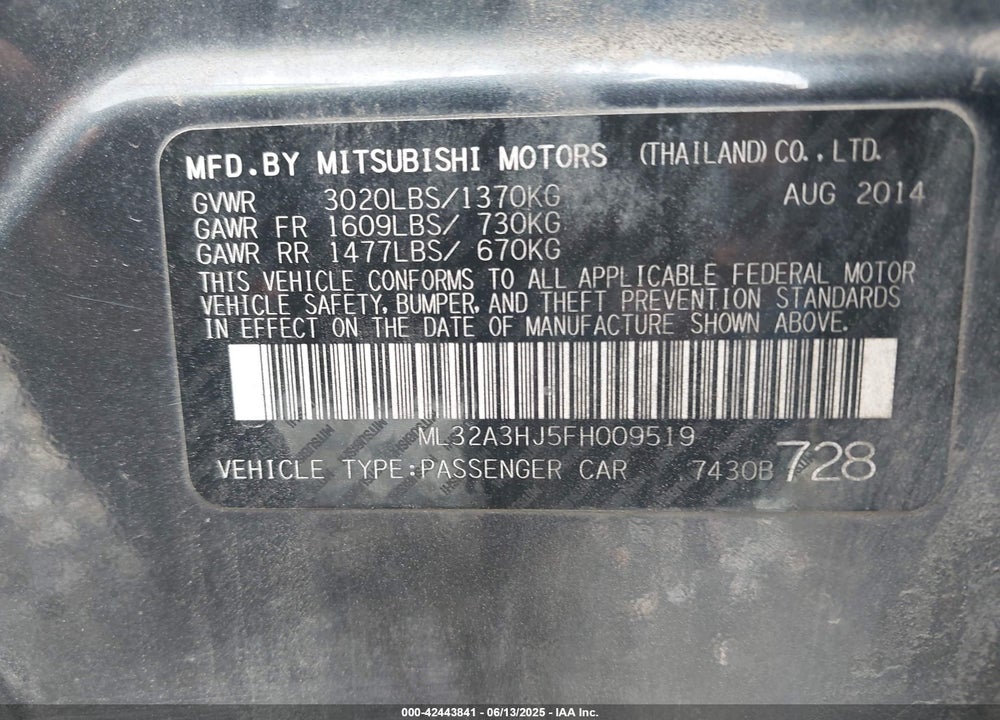 2015 MITSUBISHI MIRAGE VIN: ML32A3HJ5FH009519