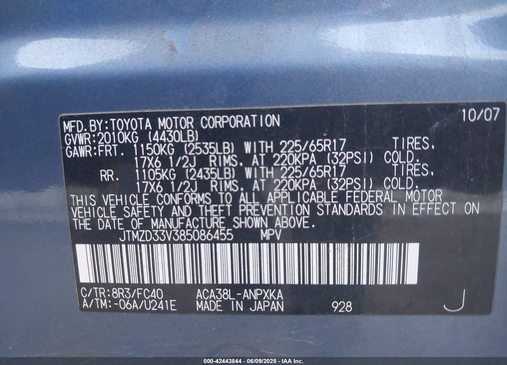 2008 TOYOTA RAV4 VIN: JTMZD33V385086455
