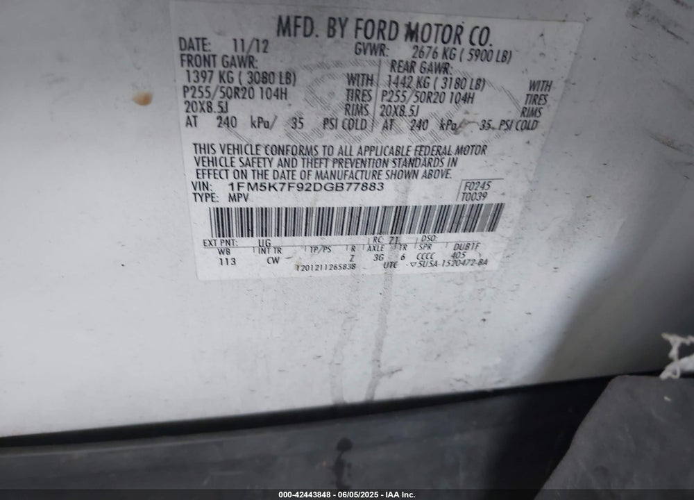 2013 FORD EXPLORER LIMITED VIN: 1FM5K7F92DGB77883