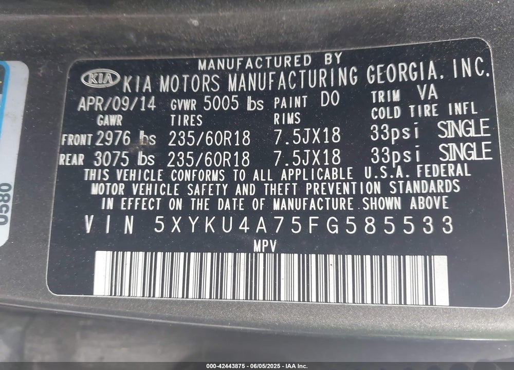 2015 KIA SORENTO VIN: 5XYKU4A75FG585533